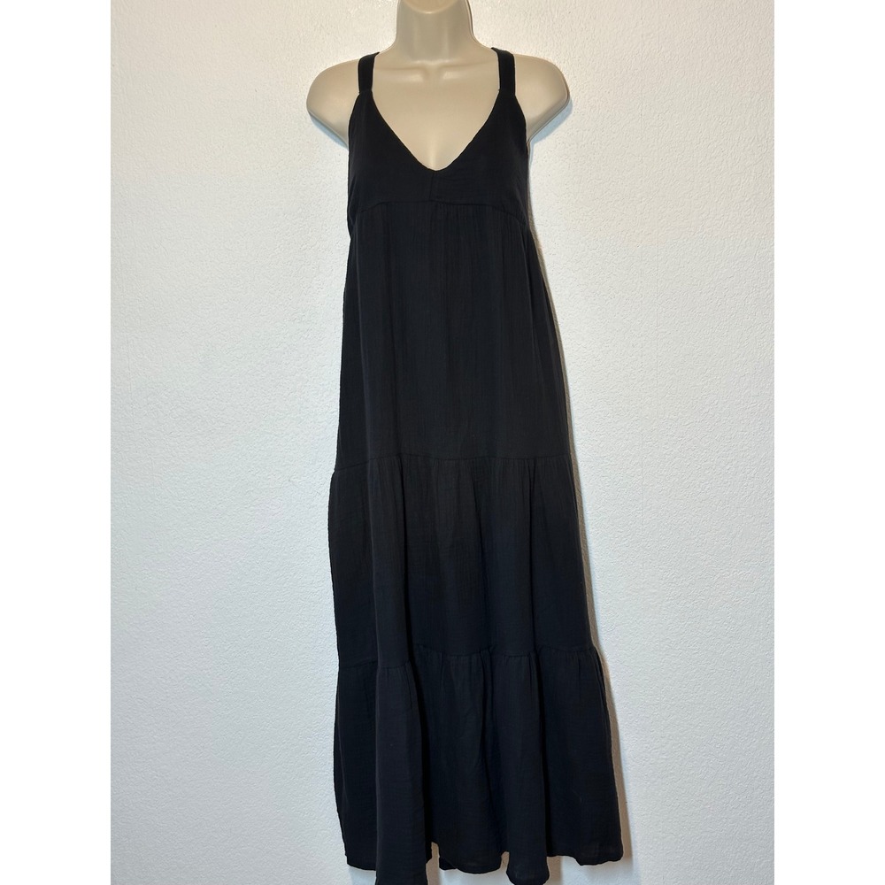 Steve Madden Black Solid Gauze Maxi Dress Smocked Back SA14595N Small NEW